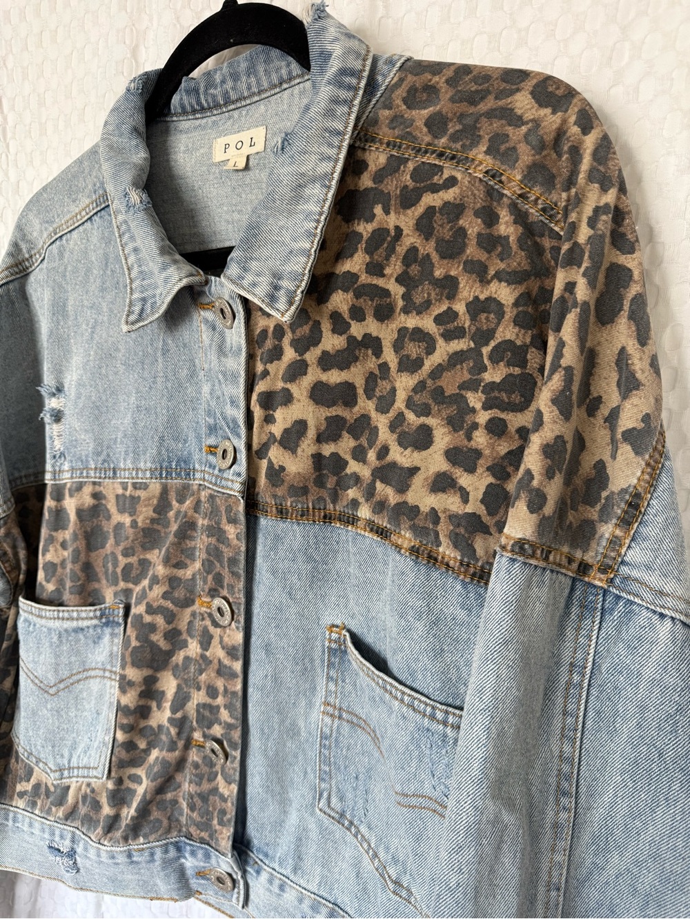 POL Leopard Print Colorblock Distressed Denim Jacket Size L Oversized - Picture 2 of 7